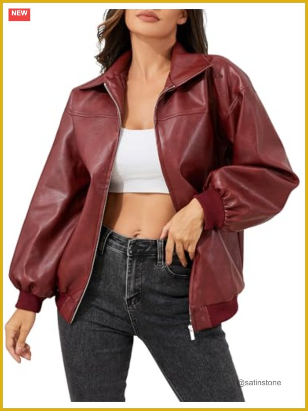 Vintage Washed Faux Leather Oversized Motorcycle Biker Bomber Jacket with